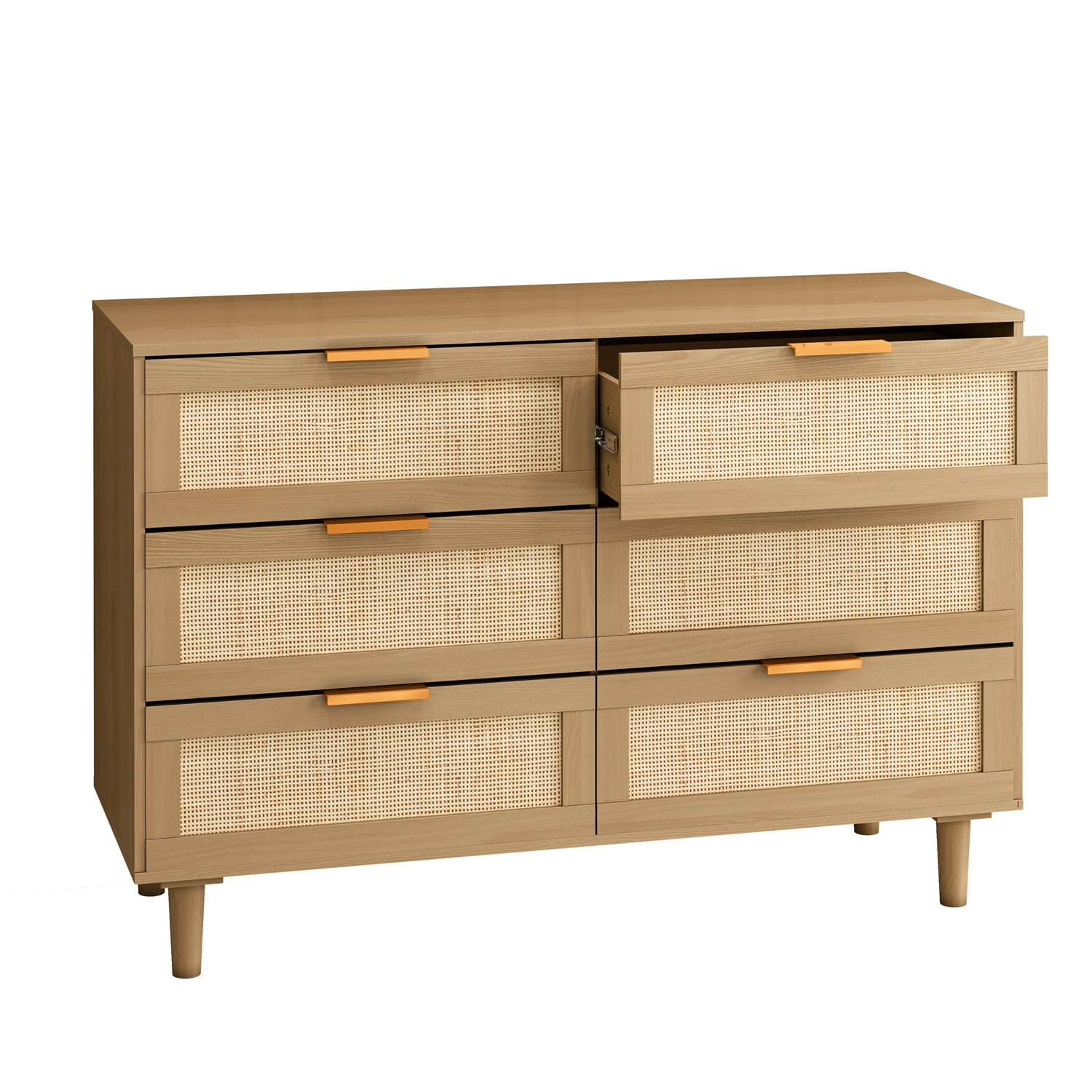 Kadyn Chest of Drawers, 6 Drawers Rattan Dresser for Bedroom with Gold Handle, Oak Nursery Dresser Kadyn Chest of Drawers, 6 Drawers Rattan Dresser for Bedroom with Gold Handle, Oak Nursery Dresser