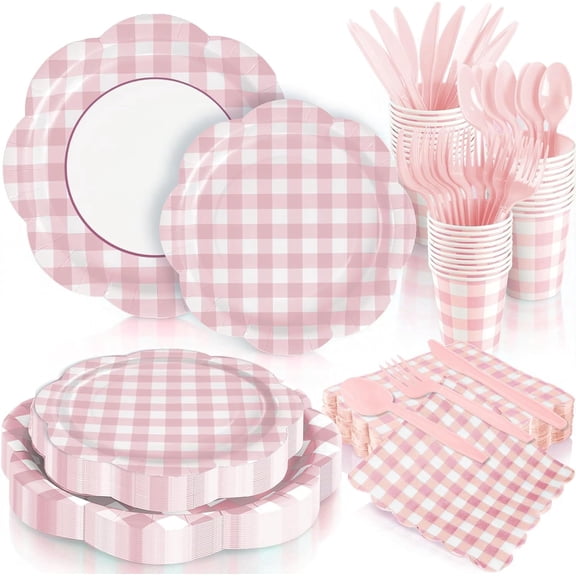 168Pcs Pink Gingham Plates and Napkins, Scalloped Checkered Disposable Tableware Set for Birthday Wedding Baby Shower Party Supplies