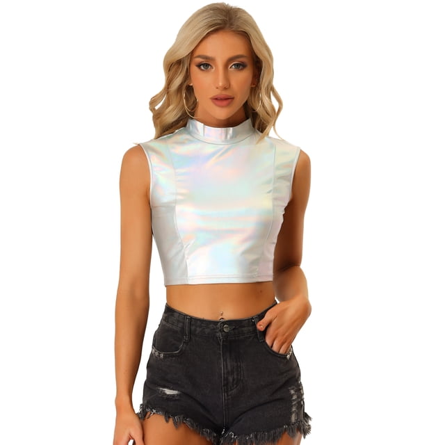 Top corto metálico para mujer, camisetas sin mangas holográficas brillantes sin mangas para fiesta Plata L