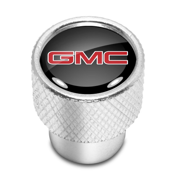 GMC Red Logo in Black on Shining Silver Aluminum Tire Valve Stem Caps