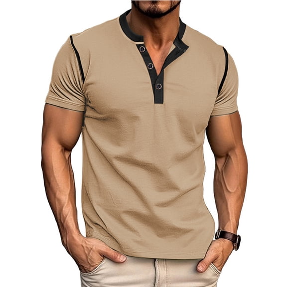 Dresfit Henley Shirts Mens Short Sleeve Solid Tennis Tops Button Down Relaxed Fit Cotton Business T Shirts Loose Big and Tall Tees Khaki 2XL