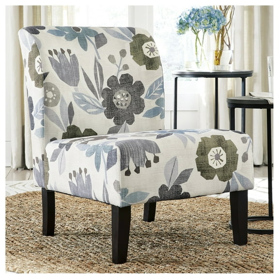Signature Design by Ashley Triptis Accent Chair, Armless, Floral Pattern Upholstery, Ivory/Blue/Charcoal/Brown