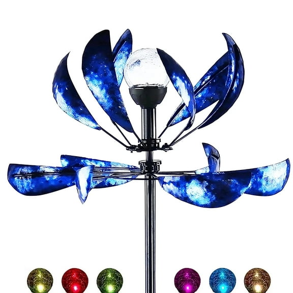 VIEROLA 75"*19" Metal Wind Spinner with Blue Petals, Solar LED Light Windmill for Garden Decor