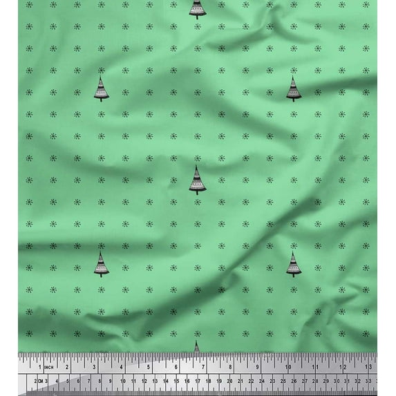 Soimoi Green Rayon Crepe Fabric Snowflake & Tree Christmas Printed Craft Fabric by the Yard 46 Inch Wide