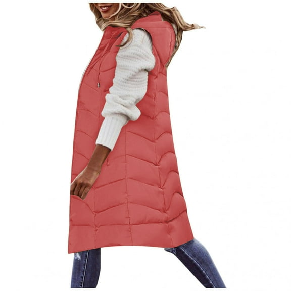 Brnmxoke Womens Long Puffer Vest Zip Up Hooded Lightweight Sleeveless Padded Gilet with Pockets,Casual Winter Warm Thicken Quilted Jacket Down Coats