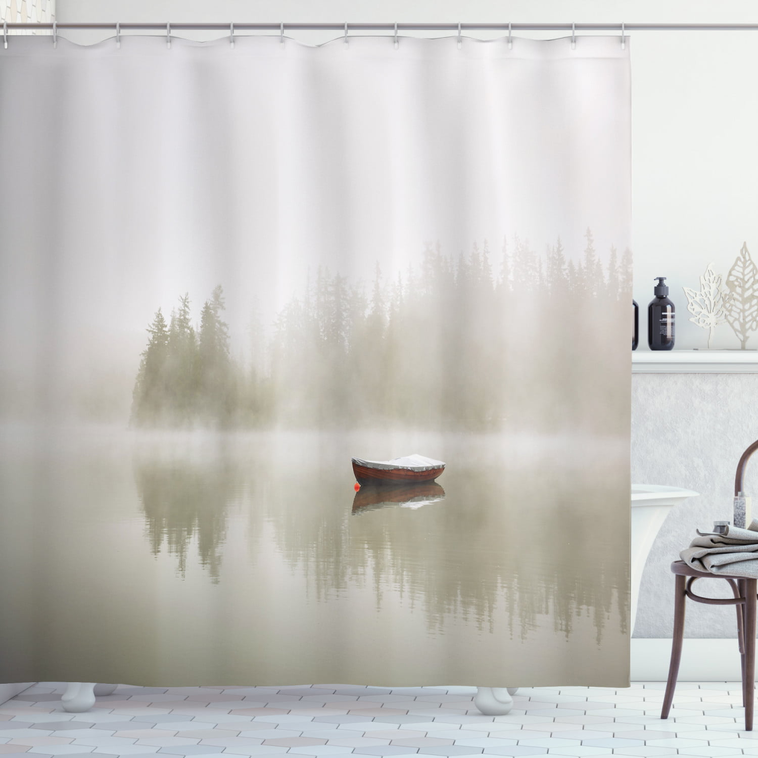100% Polyester Fabric Lake Fishing Equipment Shower Curtain Bathroom Mat Hooks 