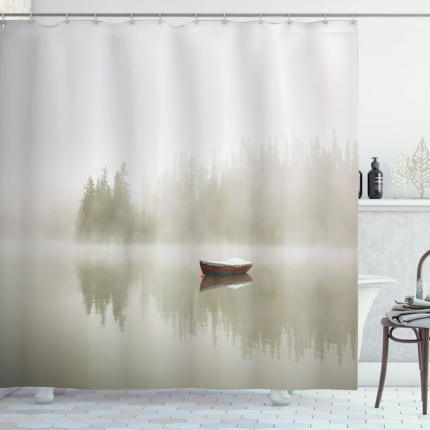 Lake House Decor Shower Curtain Set, Boat On The Lake With The