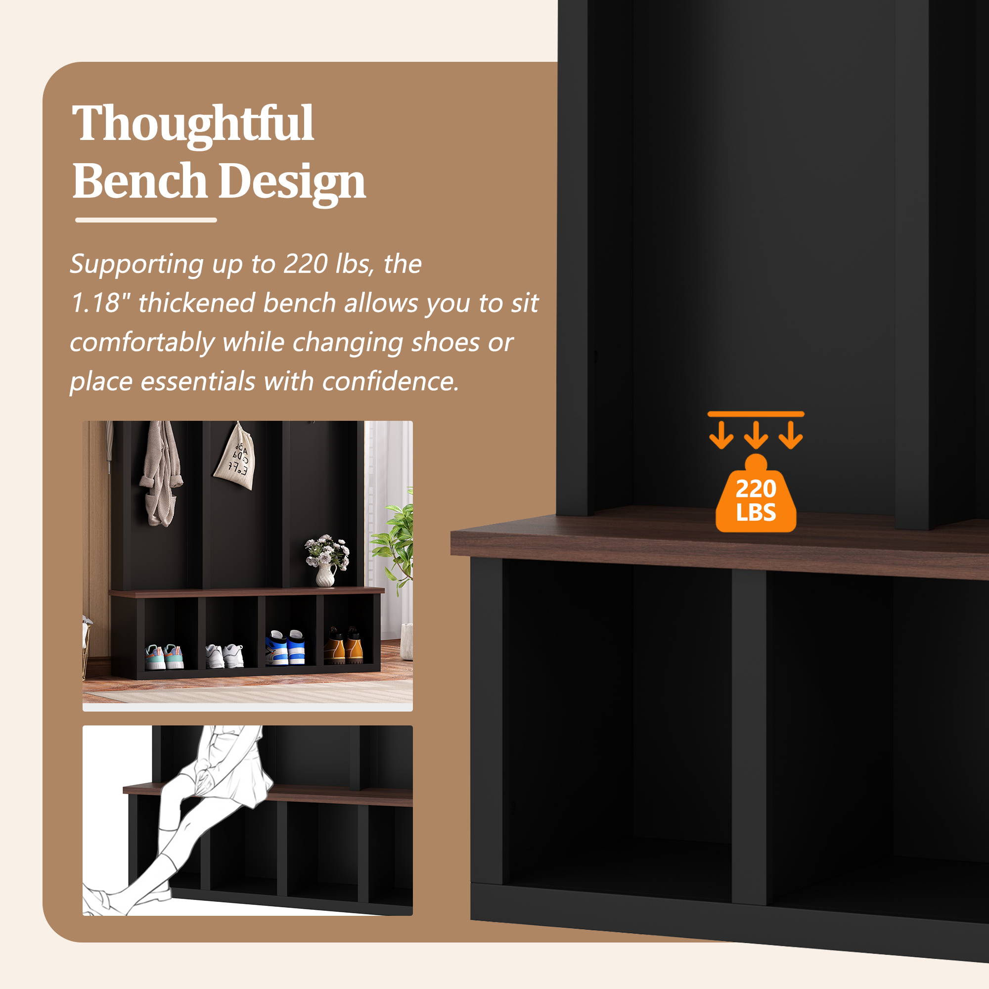 Euroco Farmhouse Wooden Style Hall Tree with Arched Design, Practical Entryway Walnut Storage Bench with 5 Black Hooks, Minimalist 4-in-1 Hallway Shoe Cabinet with 7 Cubbies