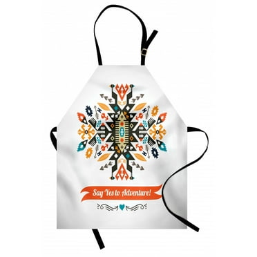 Tribal Apron Modern Design with Ethnic Details Yes to Adventure Quoted White Backdrop Artwork, Unisex Kitchen Bib Apron with Adjustable Neck for Cooking Baking Gardening, Multicolor, by Ambesonne