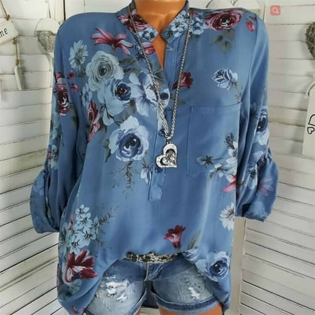 QLEICOM Womens Casual Tops, Plus Size Summer Shirt, Fashion Elegant Floral Flower Print Button Blouse, Long Sleeve Blouses and Button-Down Shirts for Women Blue XXL