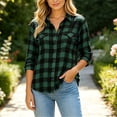 thumbnail image 2 of Lenpel Long Sleeve Shirts for Women Fall Plaid Collared Button down Shirts with Pockets Fashion Curved Hem Tops(Green,Medium), 2 of 7