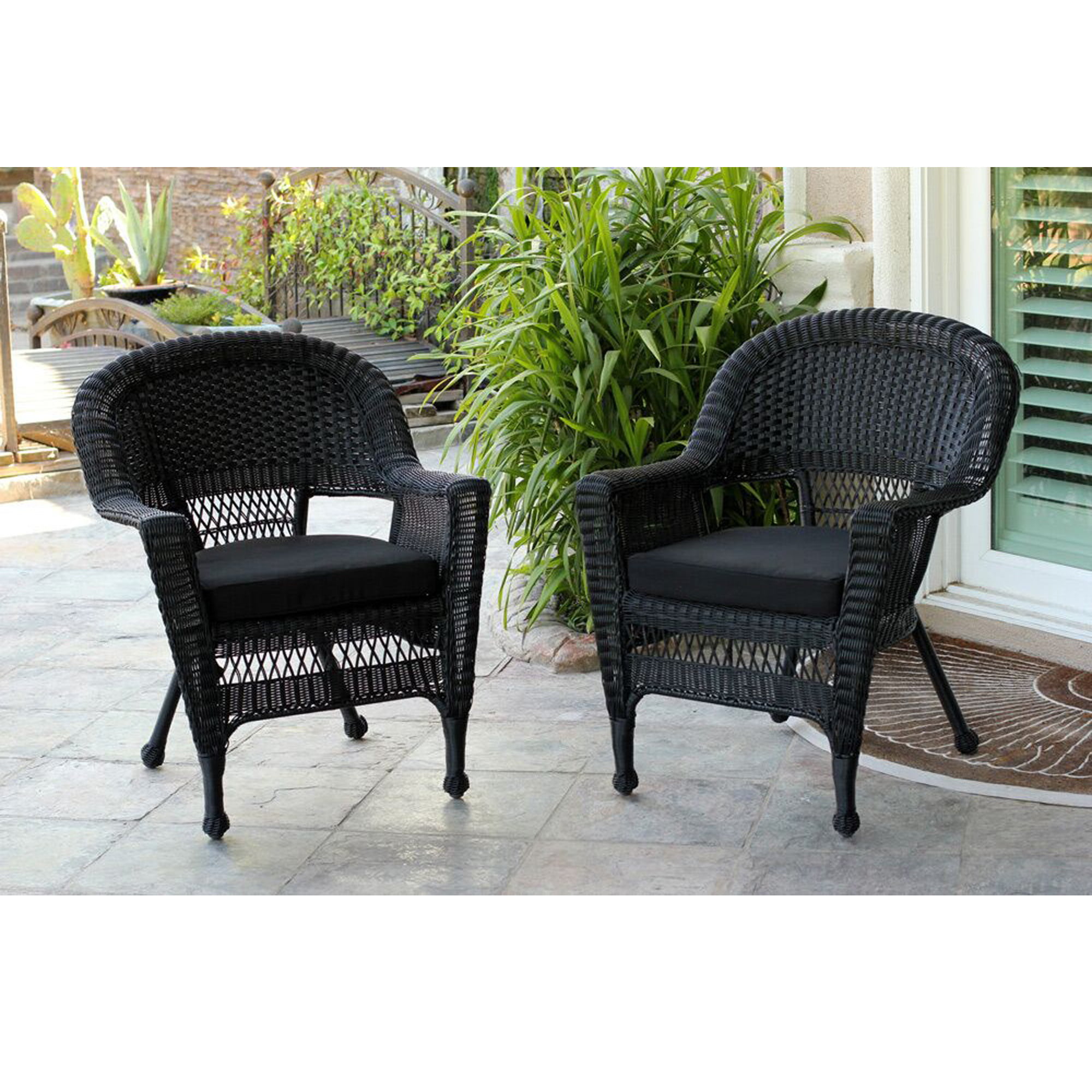set of 2 black resin wicker outdoor patio garden chairs with black