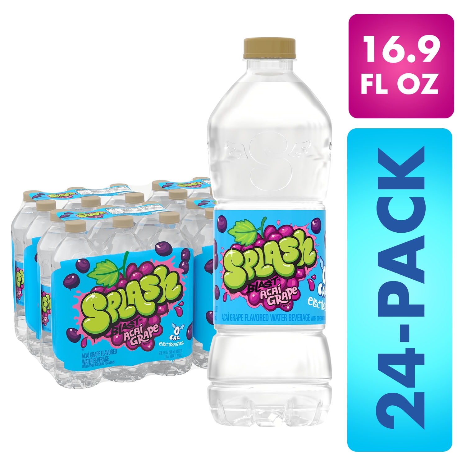 Splash Blast, Acai Grape Flavor Water Beverage, 16.9 FL OZ Plastic Bottles (24 Count)