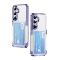ELEHOLD for Samsung Galaxy S24 Plus Case,Clear Card Holder Kickstand Credit Card Slot Soft TPU Hard PC Slim Bumper Anti-Scratch Shockproof Protective Wallet Case for Samsung Galaxy S24 Plus,Purple
