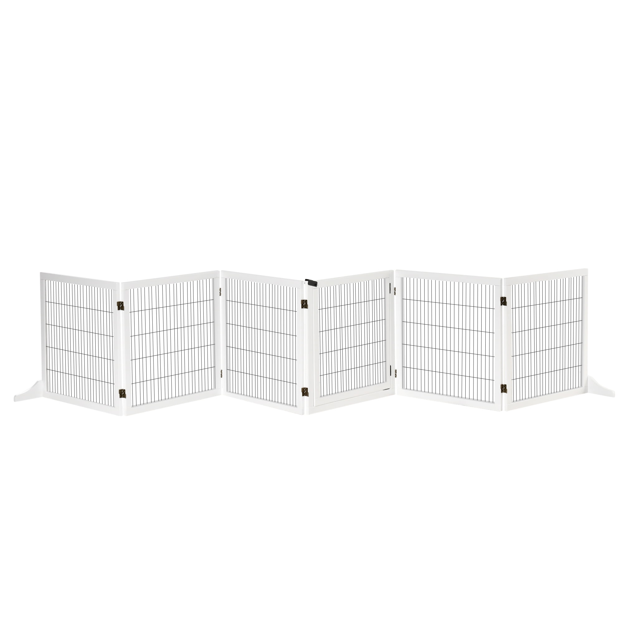 Wooden Dog Gate, 170" Freestanding Pet Gate, 6-Panel Foldable Dog Safety Barrier with 2 Support Feet for House Doorway Stairs, Small and Medium Dogs, White