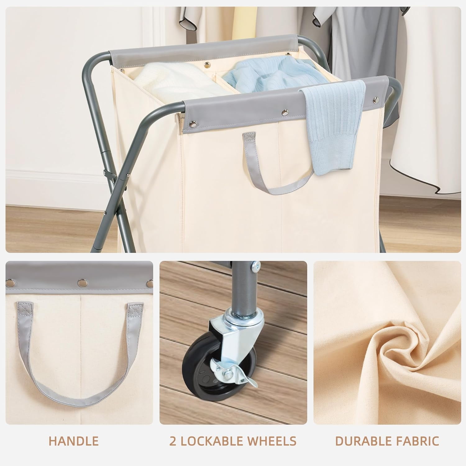 125L Collapsible Laundry Hamper with Wheels, Rolling Laundry Basket, Heavy Duty Cloth Sorter with Removable Bag, Folding X Frame Clothes Organizer Cart for Easy to Store, 2 Section