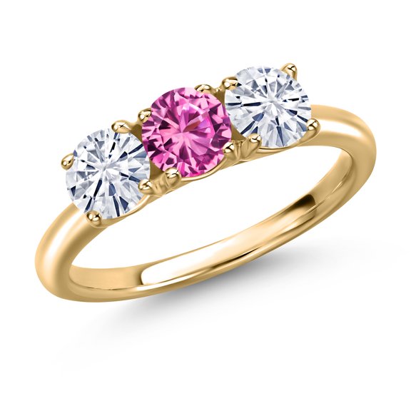 Gem Stone King 10K Yellow Gold Pink Created Sapphire and White Moissanite Engagement Ring for Women | 1.55 Cttw | Round 5MM | Gemstone September Birthstone | Size 7