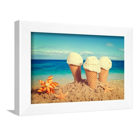 Vanilla Ice Creams on the Beach - Nostalgic Retro Tone Effect Added Framed Print Wall Art By