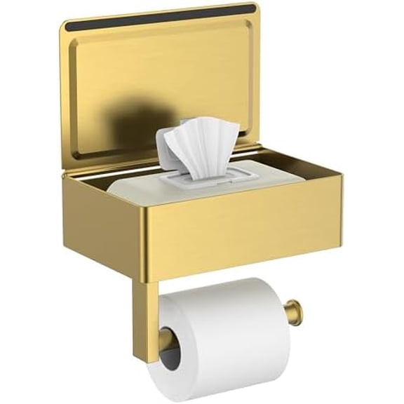 Toilet Paper Holder with Shelf, Sanitary Napkin Receptacle Tampon Holder, Wall Mount Toilet Paper Holder with Storage, Flushable Wipes Dispenser Fits for Bathroom Commercial(1, Brushed Gold)