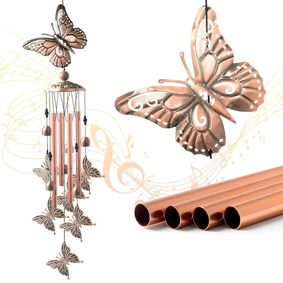 Butterfly Wind Chimes for Outside -Brass Wind Chime Gift for Outdoor Decor (Church, Garden, Patio, Porch, Yard) with 4 Tubes, 5 Bells & Hook