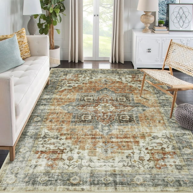 Garvee 8' x 10' Machine Washable Area Rug Vintage Persian Rug Retro Medallion Rug Indoor Non-Slip Low Pile Carpet for Living Room Bedroom, Brown