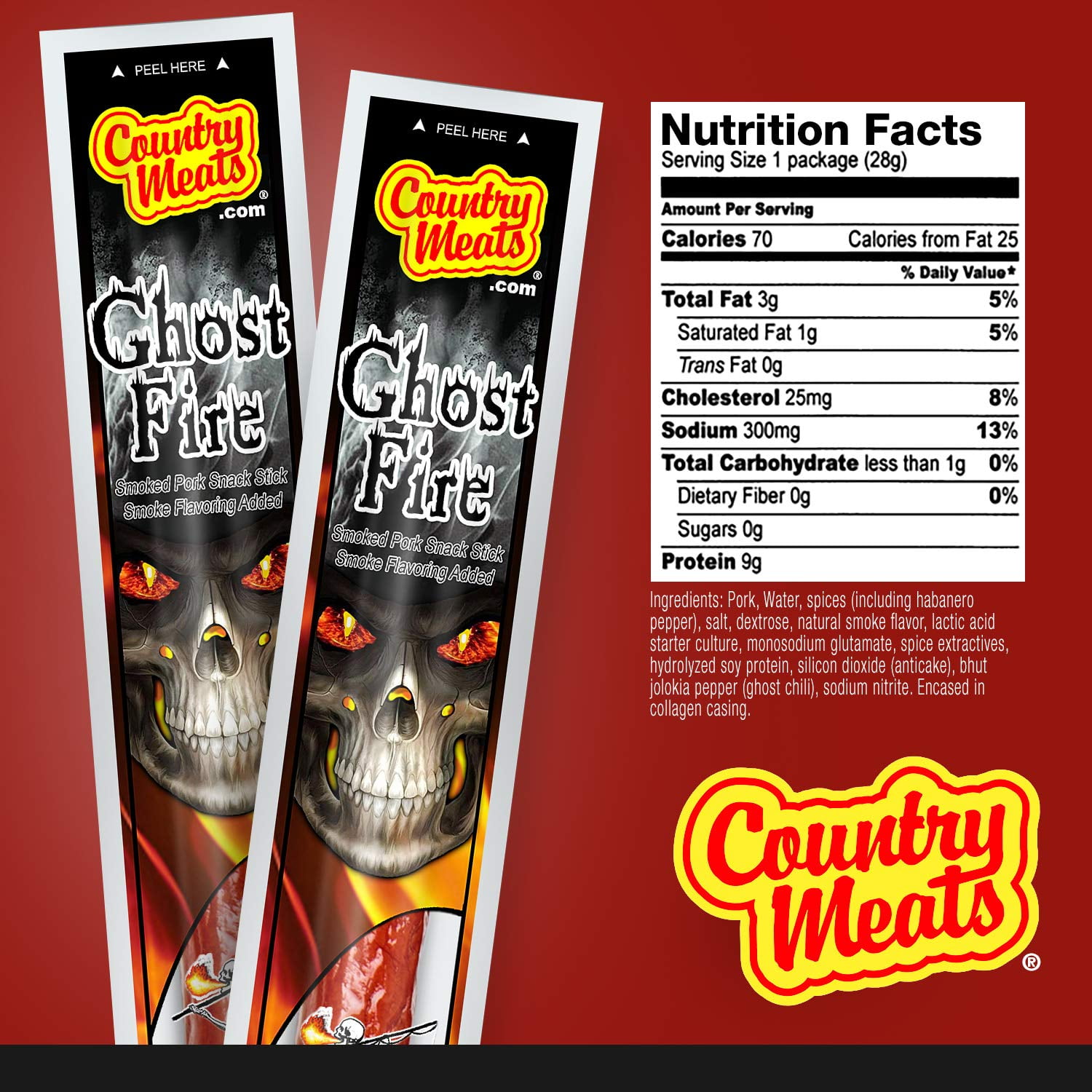 Country Meats High Protein Keto Friendly Meat Sticks (10 Sticks, Ghost Fire)