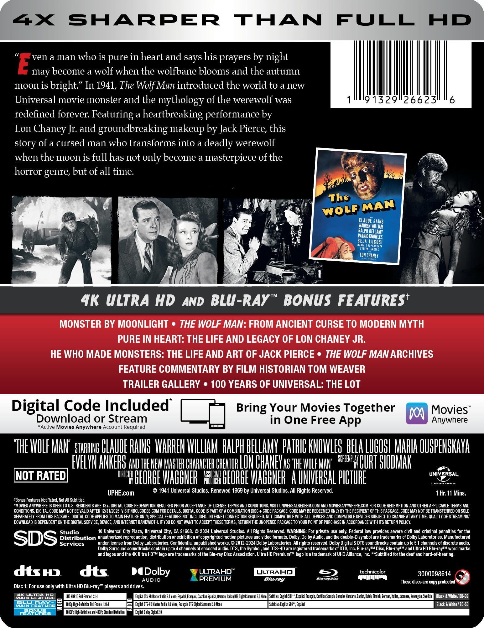 The Wolf Man (1941) (Walmart Exclusive) (Steelbook) (4K Ultra HD + Blu-ray + Digital), Horror, Universal