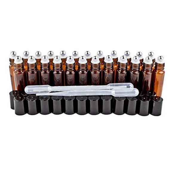 24 Pack - 10 ml Amber Roll On Bottles with Stainless Steel Roller Balls - Including 3 FREE Plastic 3 ml Droppers - GreenHealth