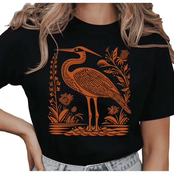 UNISHE Women's Rust Orange Block Print Great Heron With Wildflowers Lake Nature Graphic Short Sleeve T-Shirt Casual Crewneck Top