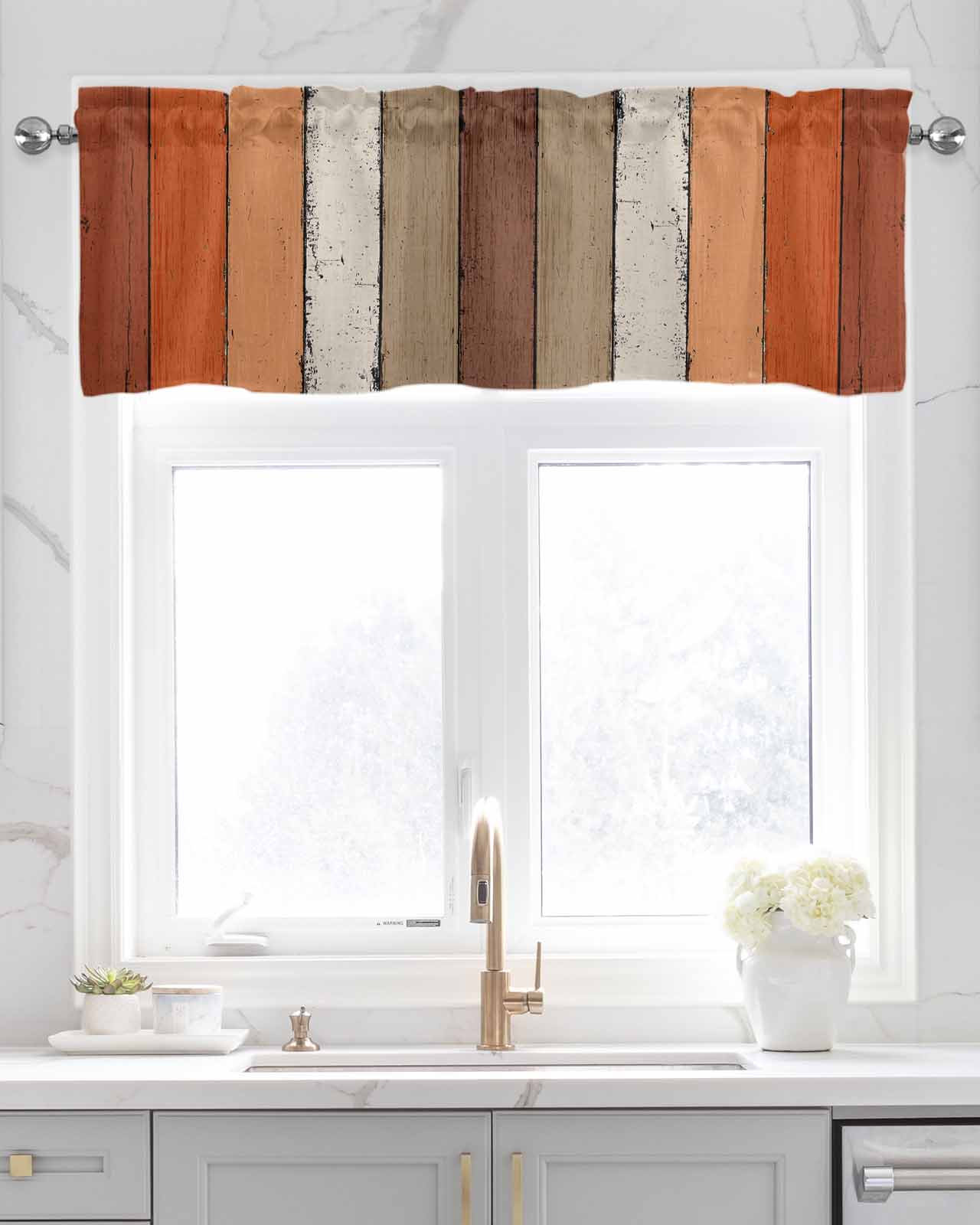 Burnt Orange Kitchen Valances for Windows Farmhouse Linen Window Valance Curtain for Living Room Window Treatment Farmhouse Wood Grain Brown Vertical Striped Valance Rod Pocket Topper, 60 x 18 Inch