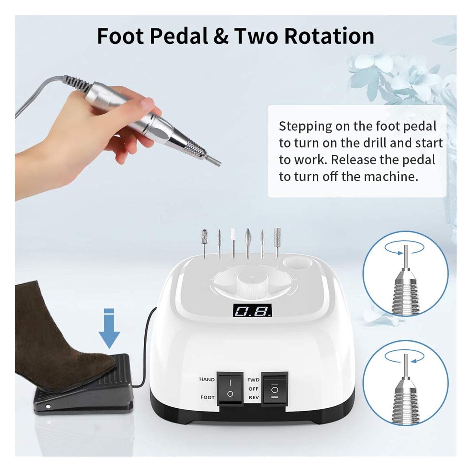 Electric Nail Drill Machine Kit With Foot Pedal For Acrylic Nails, Gel Nail Art Polisher, Professional Nail File Manicure ,Lightweight and Portable