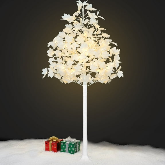 Romswi 6FT Lighted Maple Tree with White Leaves, 120LED Dual-Tone Lights (Cold & Warm White), Artificial Tree for Home Indoor and Outdoor