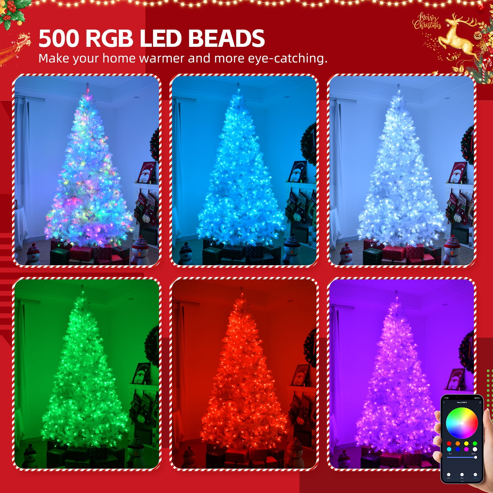 Astoutdoor 8 ft Pre-lit Artificial Christmas Tree with 500 RGB Lights, 1500 Branch Tips, White