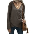 thumbnail image 1 of QAFOPEH Women Waffle Cross Over V Neck Tulip Hem Long Sleeve Solid Color Top, 1 of 7