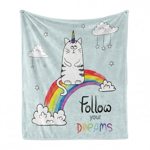 Unicorn Soft Flannel Fleece Blanket, Cat Unicorn Sitting on Rainbow Clouds with Follow Your Dreams Words Fantasy Nursery, Cozy Plush for Indoor and Outdoor Use, 50" x 60", Multicolor, by Ambesonne