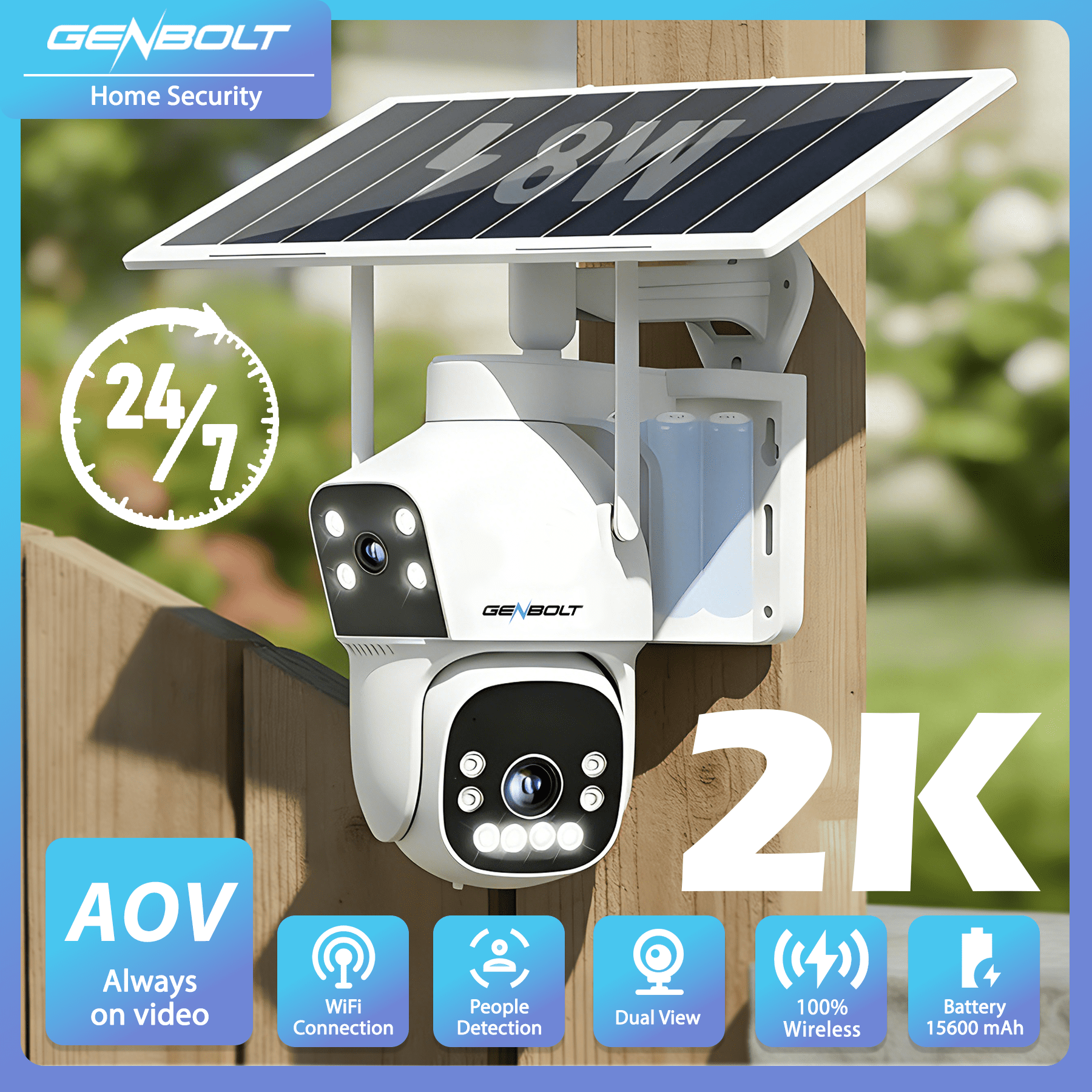 GENBOLT Solar WiFi Outdoor Wireless Security Camera Dual Lens, 2.5K AOV Battery Powered Home Surveillance CCTV Camera, Color Night Vision Motion Detection