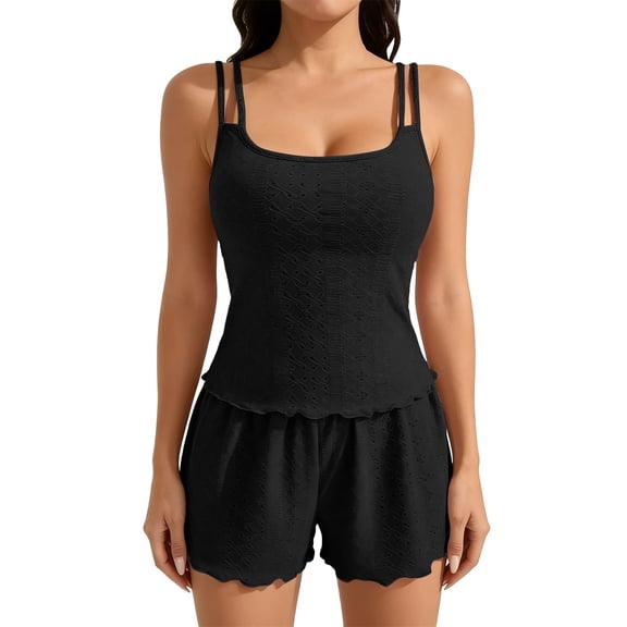 Gkeoshab Nightgowns for Women Women's Solid Lace Camisole Hollow Print Thin Linen Cotton Pajamas Summer Cool Breathable Casual Loungewear Set Black L