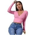 thumbnail image 4 of Hfyihgf Women's Wrap V-Neck Cropped Sweater Long Sleeve Slim Fit Ribbed Knitted Workout Pullover Tops(Pink,XL), 4 of 8