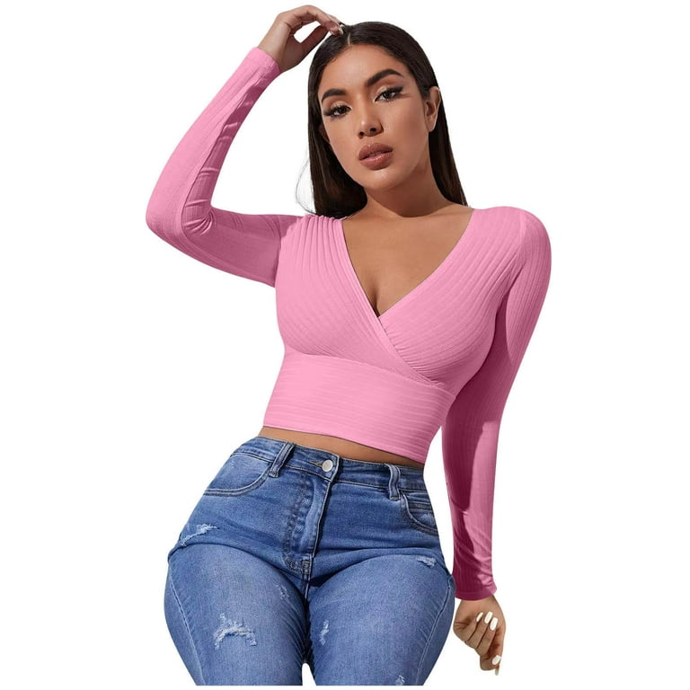 Hfyihgf Women s Sexy Wrap V Neck Cropped Sweater Long Sleeve Slim Fit Ribbed Knitted Workout Pullover Tops Pink XL Walmart