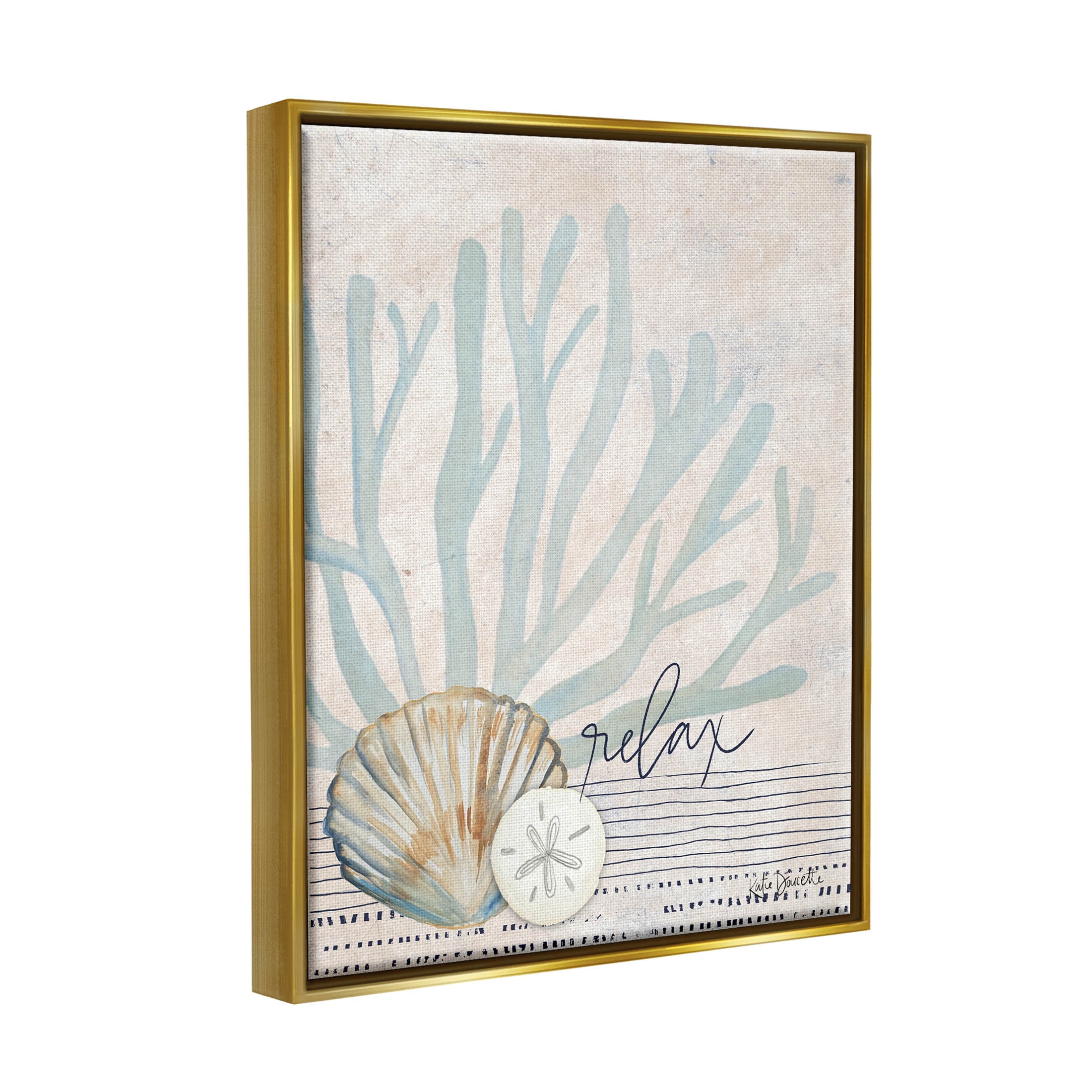 Stupell Industries Striped Sea Life Aquatic Seashells Graphic Art Metallic Gold Floating Framed Canvas Print Wall Art, Design by Katie Doucette