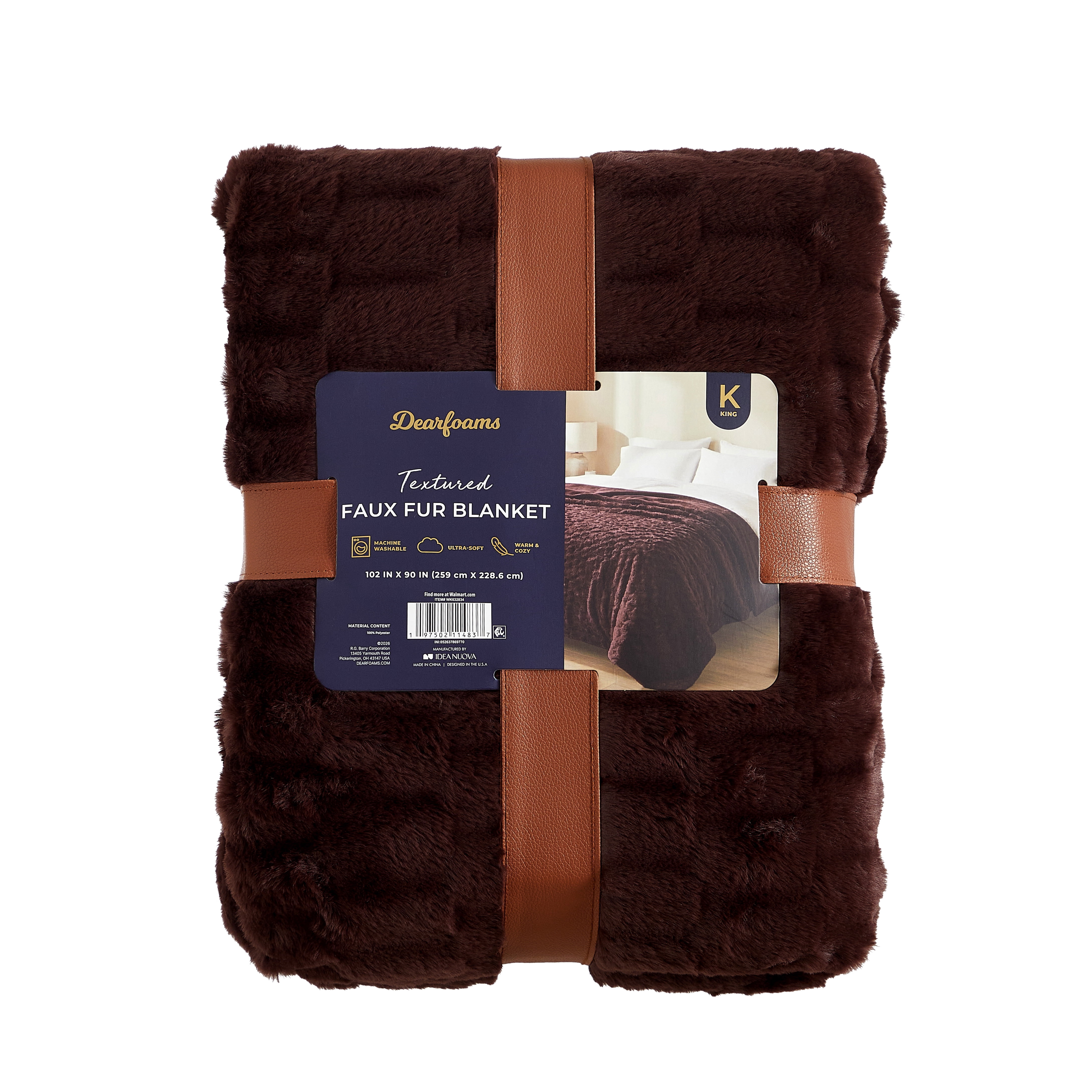 Dearfoams Textured Faux Fur Reversible Mink Bed Blanket, Brown, King, 102 x 90 in