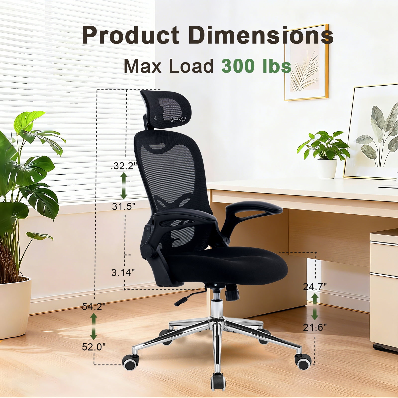 Office Chair Ergonomic Desk Chairs with Adjustable Lumbar Support& Headrest Hanger, High Back Breathable Mesh Chair with Wheels, Rolling Swivel Comfy Task Computer Chair for Home Work Gaming