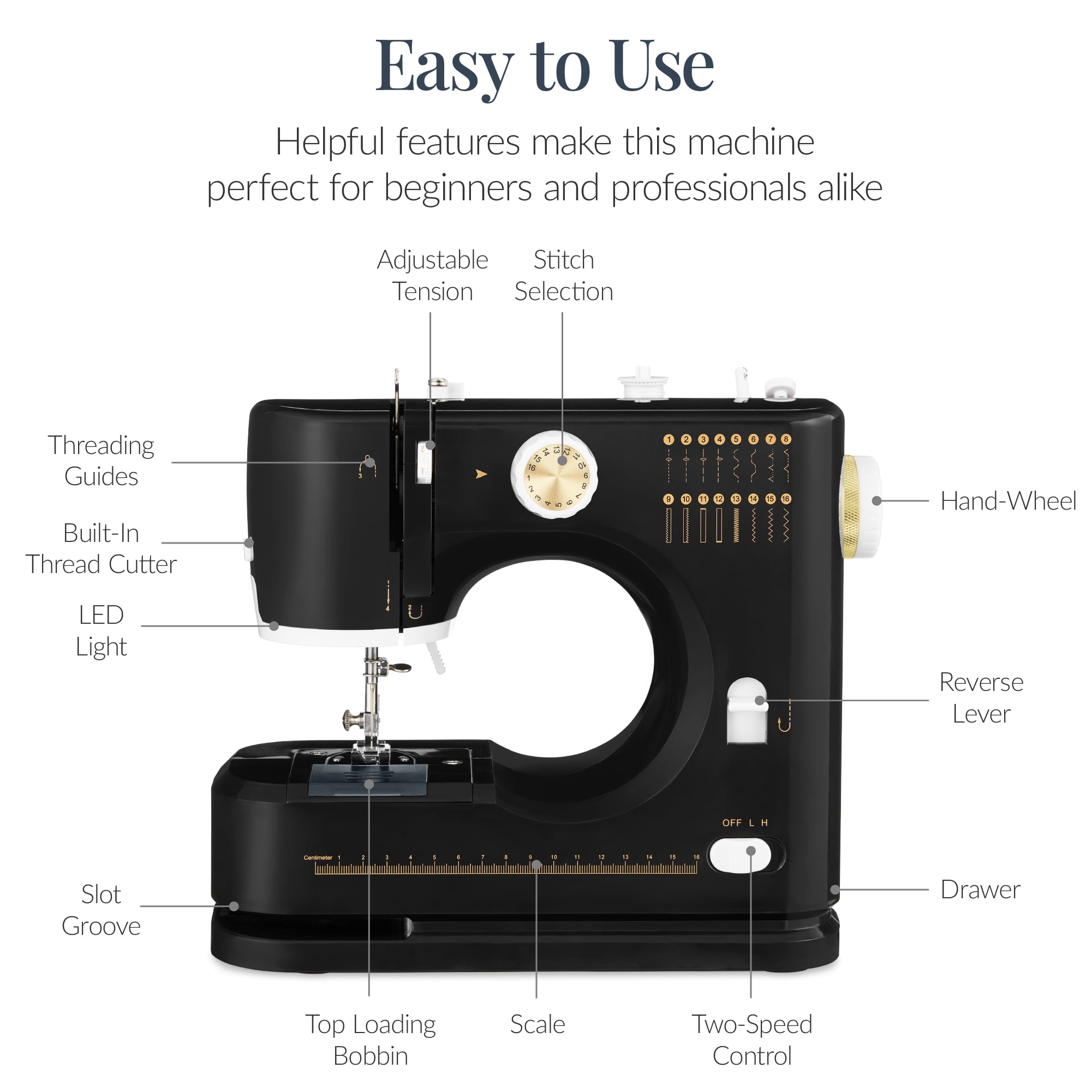 Best Choice Products 55-Piece Sewing Machine Kit for Beginners, w/ 16 Stitch Patterns, Double Stitching - Black/Gold