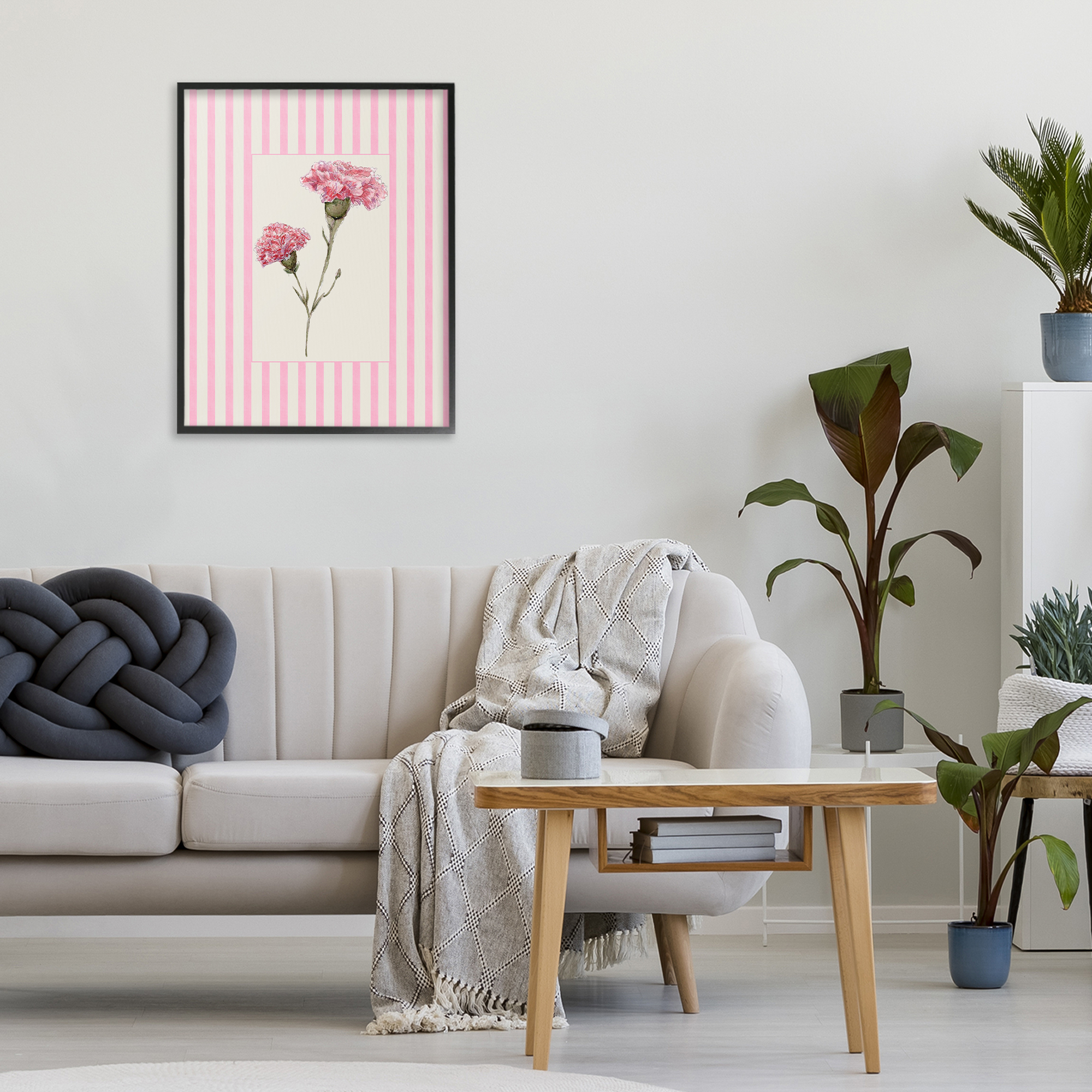 Pink Stripe Carnation Black Framed Giclee Art, design by Lisa Wehmeyer
