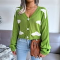 thumbnail image 5 of Women'S Casual Elegant Cloud Print Cropped Button Front Long Sleeve V Neck Knit Cardigan Green L, 5 of 8