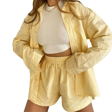 

Emmababy Women 2 Pieces Suit Set Button Up Plaid Long Shirts+High Waist Short Pants Sets Y2K Casual Pajamas Outfits