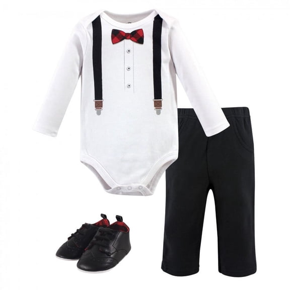 Little Treasure Baby Boy Cotton Bodysuit, Pant and Shoe 3pc Set, Lumberjack Bow Tie, 0-3 Months