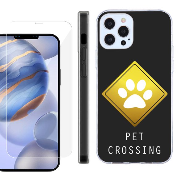 Slim Fit Protective Phone Case for Apple iPhone 12 / iPhone 12 Pro, with Tempered Glass Screen Protector, by OneToughShield ® - Pet Crossing