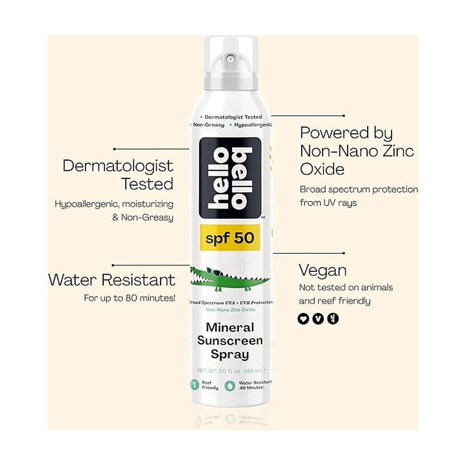 Hello Bello Mineral SPF 50 Sunscreen, Reef-Friendly Spray for Kids and Adults, 5.0 fl oz