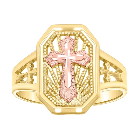 10k Two-tone Gold Womens Cross Religious Ring 15.3x3.6mm Wide Ring for Women - 2.3 Grams
